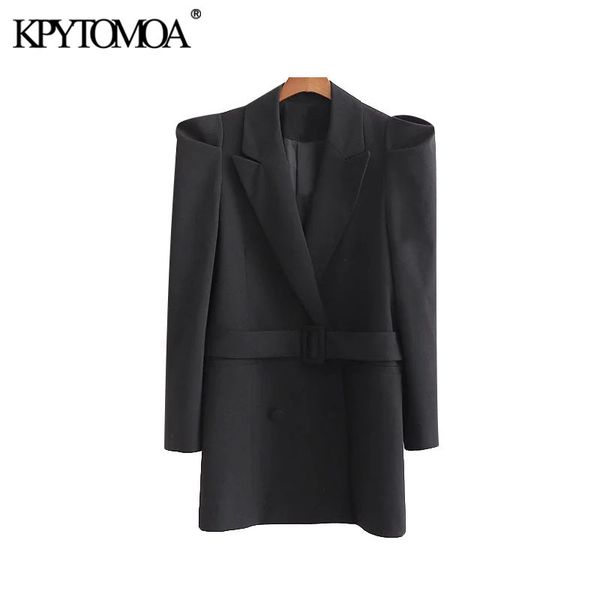 

vintage stylish office wear double breasted blazer coat women fashion long puff sleeve with belt female outerwear chic 210416, White;black