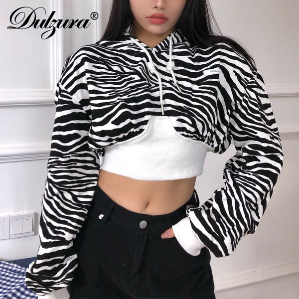 

zebra print women crop sweatshirt hoodis pullovers long sleeve loose streetwear 2021 autumn winter casual korea high quality, Black;gray