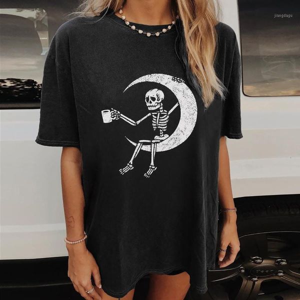

women's blouses & shirts vintage skeleton cartoon patterns printed pattern casual short sleeve drop shoulders blouse, White