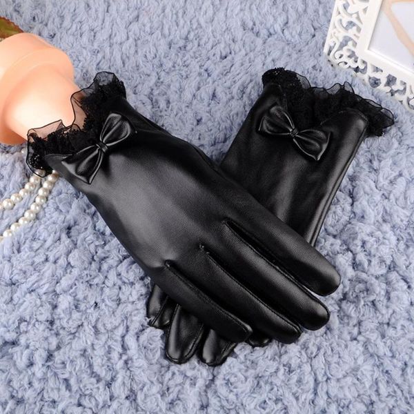 

sports gloves women leather winter warm soft touchscreen texting bow driving mitten black windproof motorcycle glove