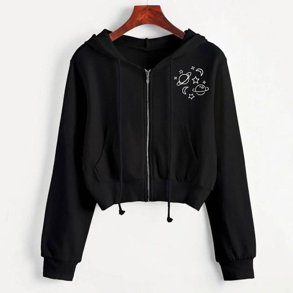 

women's hoodies & sweatshirts harajuku style women crop rose printed zip up cropped hooded sweatshirt y2k long sleeve drawstring hoodi, Black