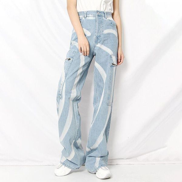 

women's 2021 fashion striped stitching high-rise wide-leg jeans, Blue