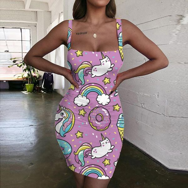 

brand unicorn pink halter sleeveless womens dress rainbow bodycon animal 3d print clothing club short boho, Black;gray