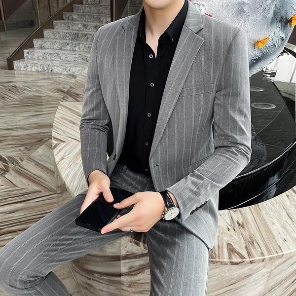 

men's suits & blazers ( jacket + pants ) fashion banquet slim 2 piece suit set male business stripe single breasted elegant man 3xl, White;black