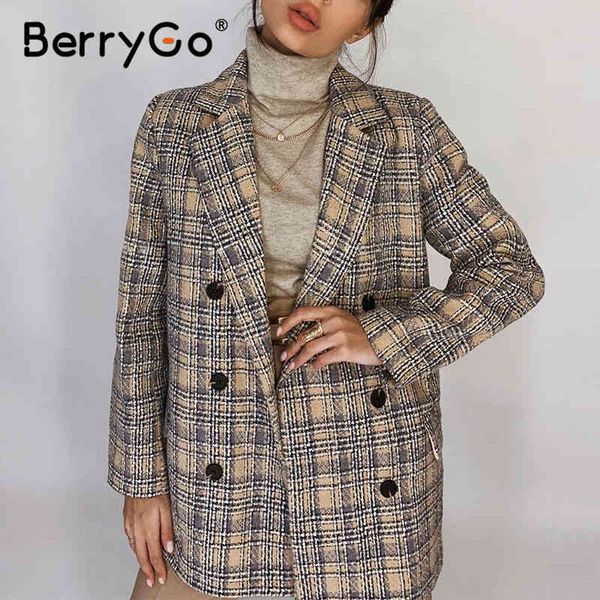 

berrygo elegant autumn winter plaid women blazer causal long sleeve tweed suit office ladies tailored collar coat 210513, White;black