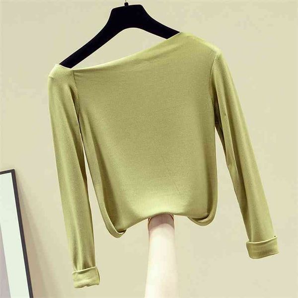 

spring autumn women's korean style slanted shoulder solid color base wild slim long sleeve female s gx264 210507, White
