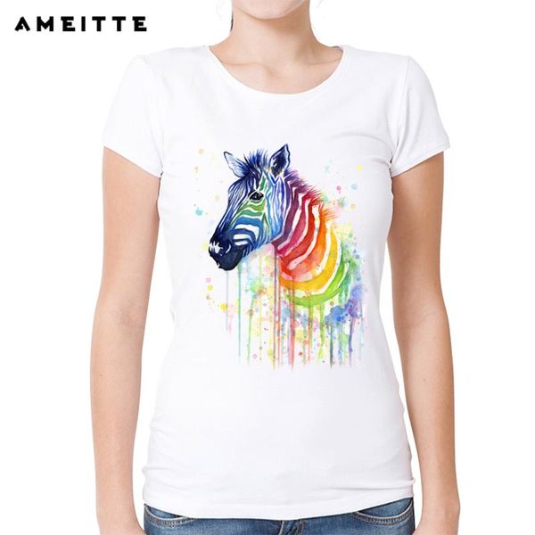 

women's t-shirt 2021 fashion rainbow zebra watercolor animal printed t shirt summer hipster female short sleeve tee, White