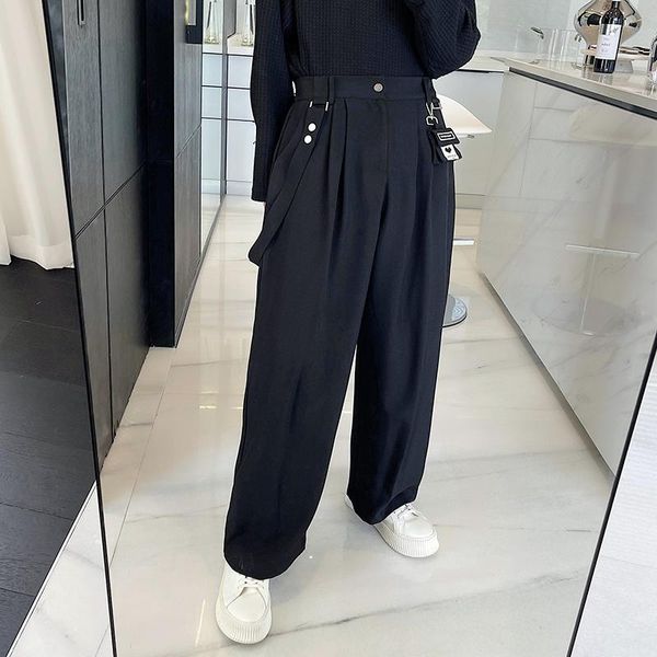 

men's pants men loose casual wide leg ribbon suit straight male streetwear vintage fashion pant long trousers for man, Black