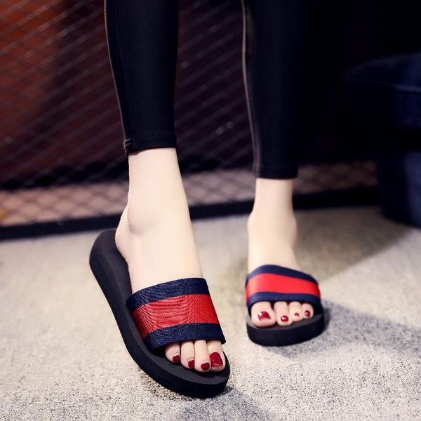 

autumn and winter color matching women's heavy bottom home slippers sandals, Black