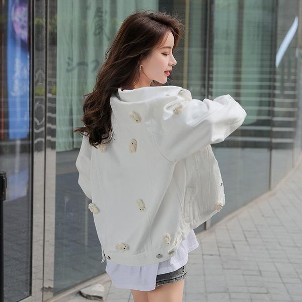 

cartoon cub doll white denim jacket women's jackets, Black;brown