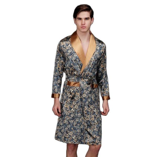 

men's sleepwear baldauren men summer silk pajamas mid-length home ice nightgown spring and autumn long-sleeved service, Black;brown
