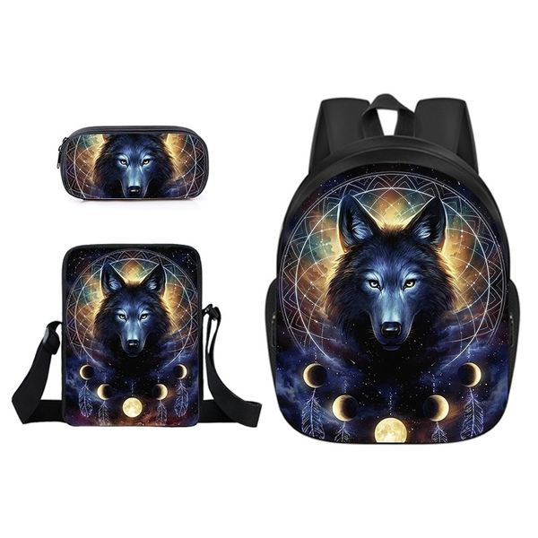 

2021 new 3d animal outdoor three piece set student schoolbag lightening backpack polyester printed satchel pen bag