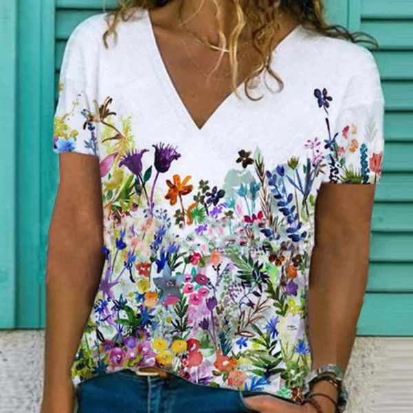 

women's t-shirt summer women v-neck slim short sleeve temperament commuter floral print pullover all-match lady t shirt, White