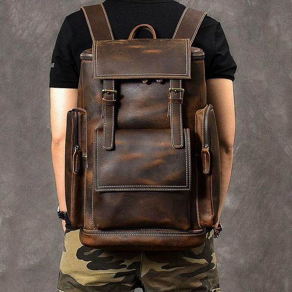 

backpack big capacity men travel crazy horse genuine leather 15.6 inch lapbags multifunction school daypack mochila
