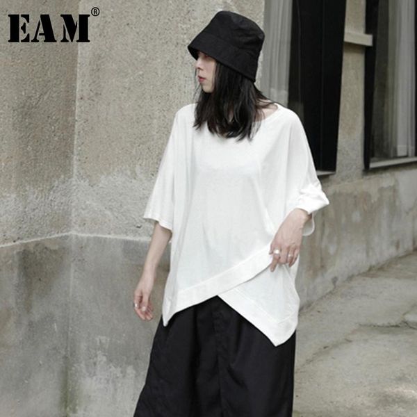 

[eam] women white irregular split joint big size t-shirt round neck half sleeve fashion tide spring summer 2021 1y516 women's
