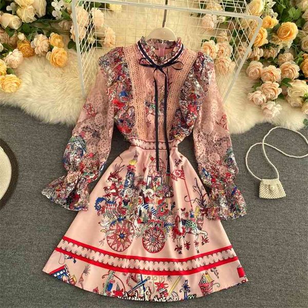 

fashion runway dress women spring elegant bow tie lace splicing flare sleeve vintage printed ruffles short 210603, Black;gray