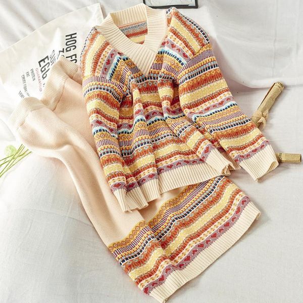 

two piece dress taotrees autumn knit set loose v-neck long-sleeved + high waist skirt pieces, White