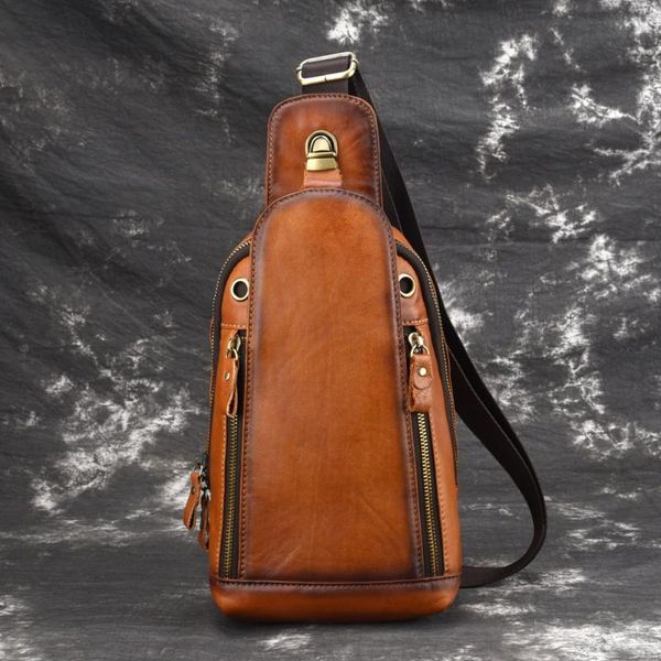 

waist bags vintage men bag genuine leather chest casual travel first layer cowhide male pack coffee/brown man