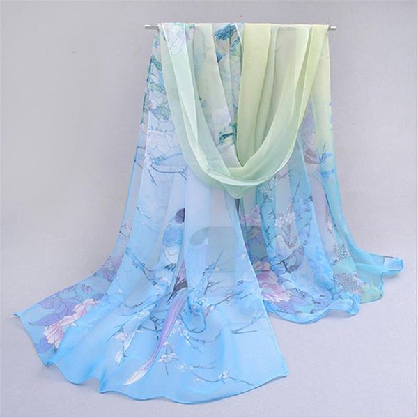 

scarves 160*50cm spring female chiffon scarf birds flowers print shawl 2021 fashion women ladies pashmina 24 colors shawls wrap, Blue;gray