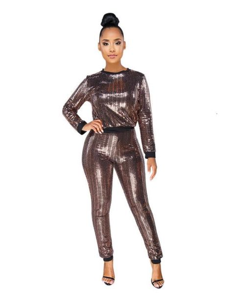

two piece sets sequin women glitter sleeve long pants set, White
