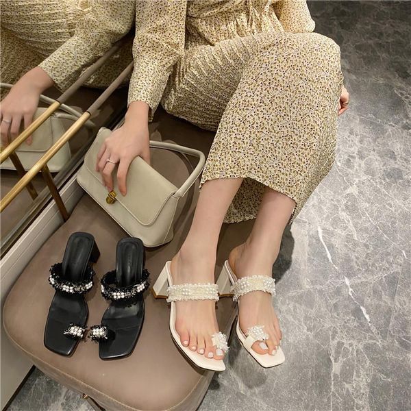 

multicolored sandals rubber flip flops shoes woman 2021 square heel slippers soft string bead med pantofle hawaiian block, Black