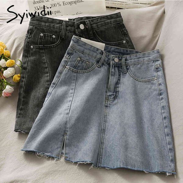 

syiwidii slit denim skirt women pockets high waist button up casual a-line solid spring summer korean fashion mini skirts 210417, Black