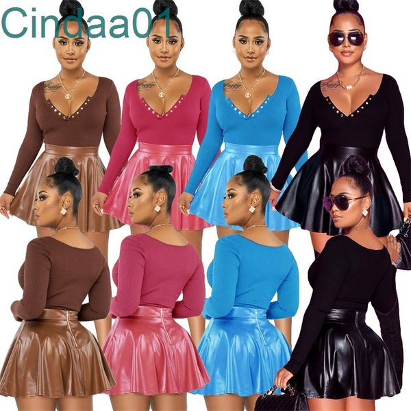 

women two piece dress set designer solid color pleated pu leather short skirt long sleeve fashion v neck new arrivals feather skirt suits, White