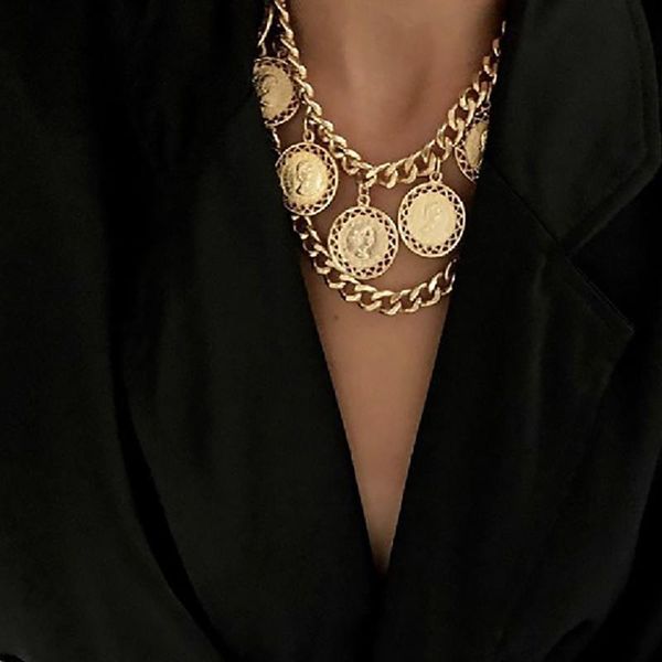 

pendant necklaces meetvii vintage multi layer chunky thick curb cuban choker collar for women carved coin jewelry, Silver