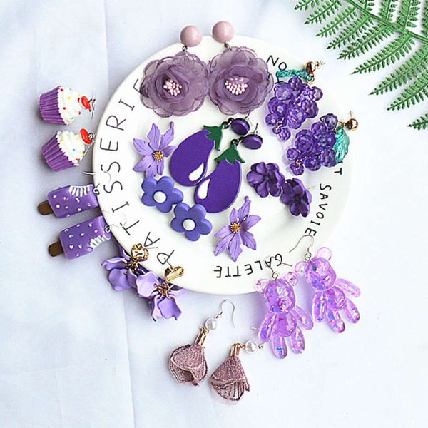 

s925 silver needle korean version super fairy purple fashionable temperament grape flower net red earrings female, Black