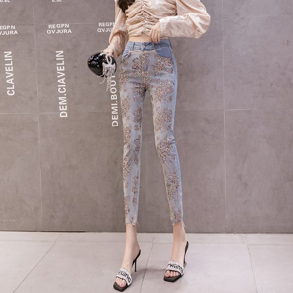 

d 1384 blue spring and autumn period and new europe female foot jeans tall waist stretch tight nail bead light color