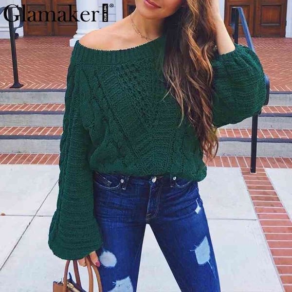 Glamaker Oversize One-Shoulder-Pullover Pullover Frauen Pullover Häkeln Langarm Pullover Weibliche Strickpullover Sommerkleidung 210412