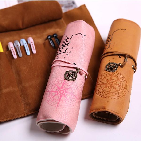 

retro leather pencil bag stationery pen case office portable carrying map compass pattern storage gift bags