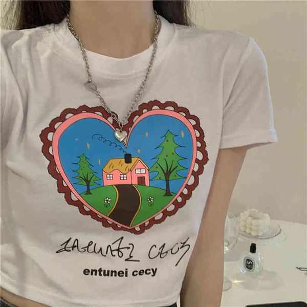 

cartoon pattern heart cute short design fashion short sleeve o-neck women basic simple street slim women crop 210522, White