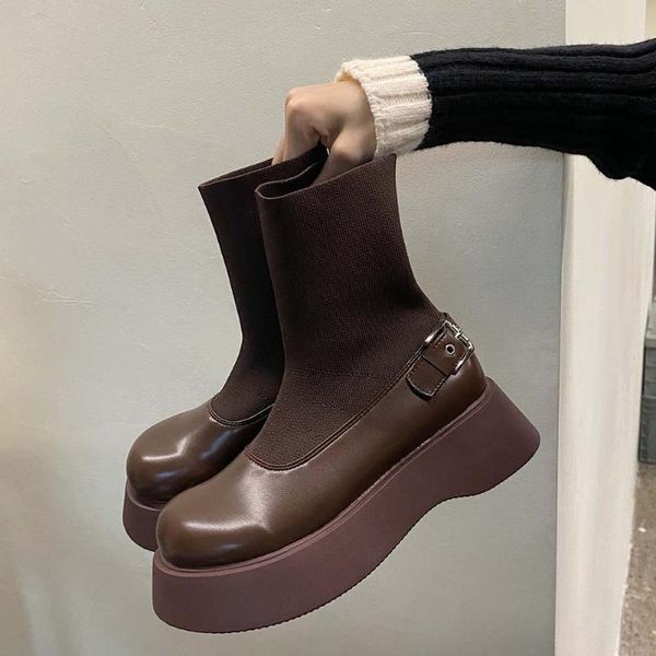 

boots bonjomarisa brand ladies solid slip platform ankle women thick bottom cool shoes woman, Black