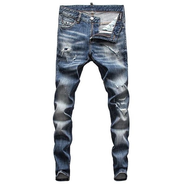 

men's jeans european street fashion men retro blue elastic slim ripped destroyed vintage designer hip hop denim punk pants