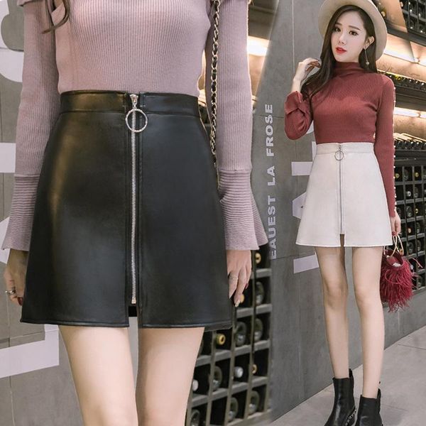 

skirts autumn winter high waist pu leather skirt women elegant mini short bodycon pencil 2021 front zipper a-line, Black
