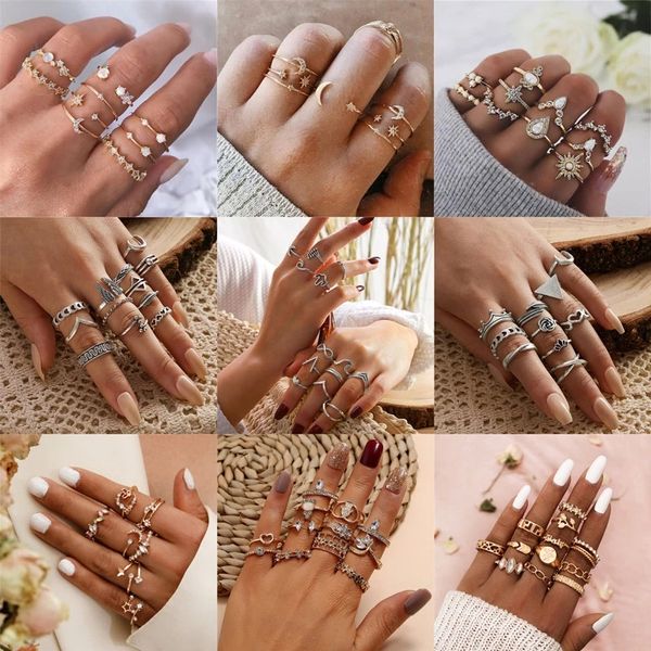 

bohemia simple design gold silver color hollow geometric finger ring set multi layer opening knuckle rings for women, Golden;silver