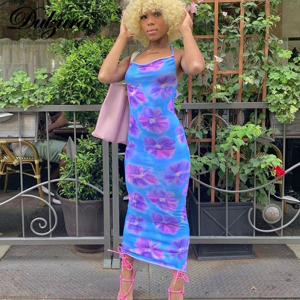 

2021 summer women flower print halter midi dress lace up backless bodycon elegant party club streetwear y2k fashion, Black;gray