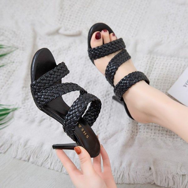 

woman shoes mules square high heels slippers summer women toe sandals ladies pu leather plaid outside female fashionc, Black