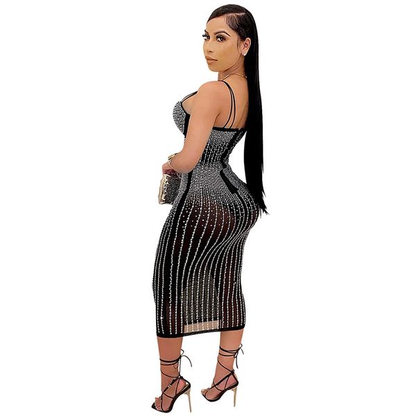 Nuovi abiti sexy da night club per donna Plus Size 3XL Midi strass Autunno Estate Bodycon abito intero Mesh Sheer Spaghetti Strap Gonne Club indossa DHL 5567