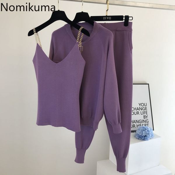Nomikuma Autumn New Knitted 3piece Sets Long Sleeve Maglione Coat + Chain Baisc Sling Vest + Pantaloni Harem alla caviglia a vita alta 6D757 210427