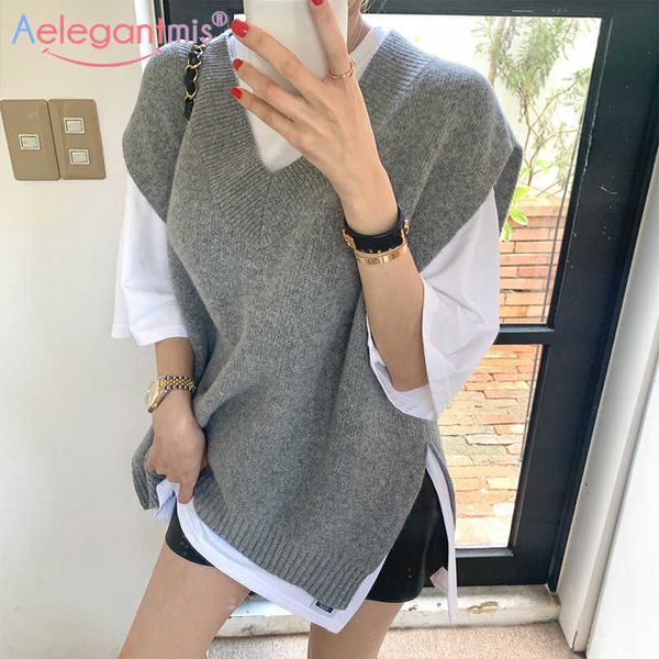 Aelegantmis Koreanische Stil Casual Lose Grau Pullover Weste Frauen Weiche Warme V-ausschnitt Gestrickte Weibliche Ärmellose Chic Tank Tops 210607