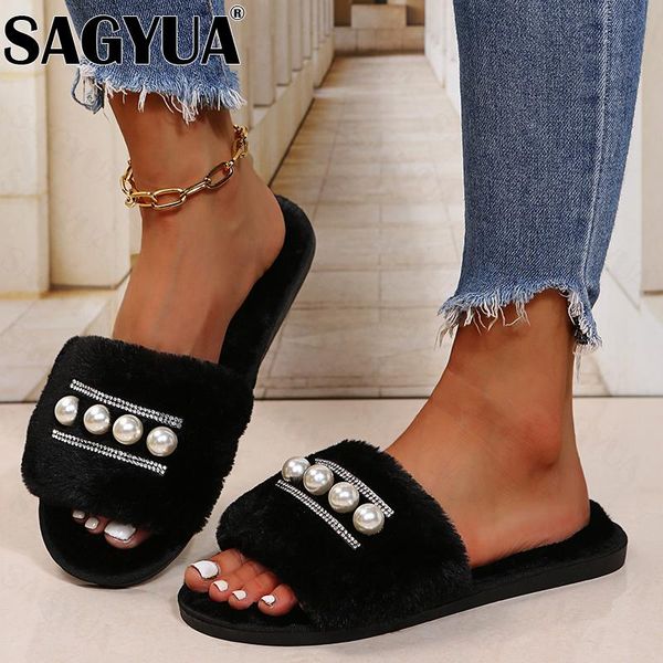 

slippers fur flats string bead casual luxury shoes warm short plush boots women cotton 2021 winter fashion flip flops female, Black