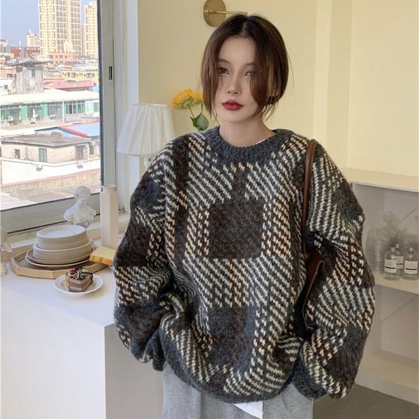 

women's sweaters sweater autumn and winter pullover korean retro plaid contrast thickened loose long sleeve top, White;black