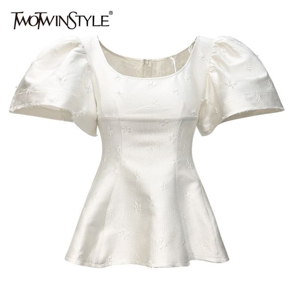 

embroidery shirt for women o neck short puff sleeve irregular hem blouse female summer fashion clothing 210524, White