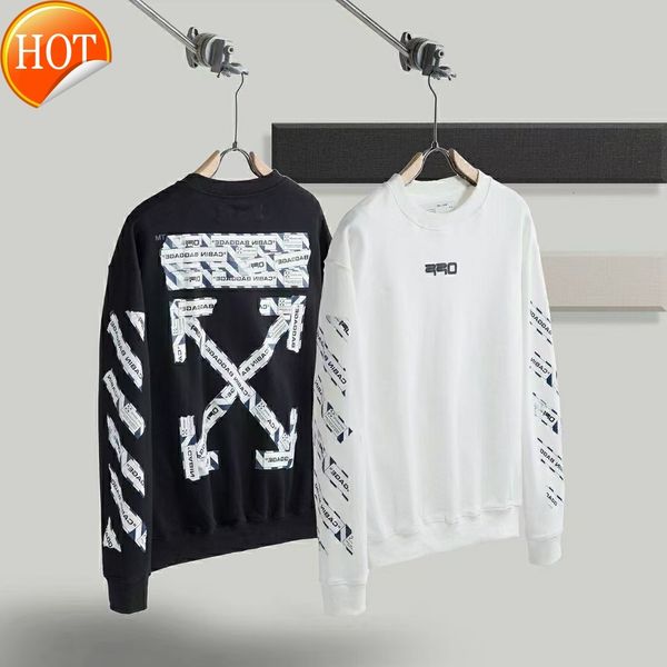

brand tide correct off version ow airport tape warning line arrow men's and women's terry round neck sweater, Black