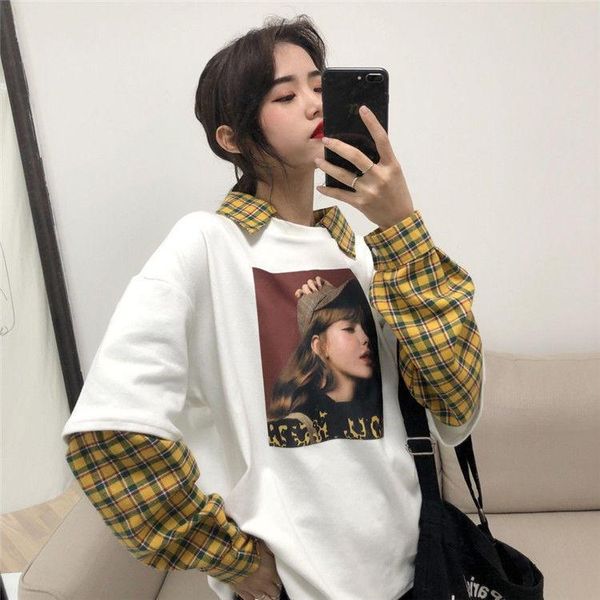 

women's hoodies & sweatshirts sougen harajuku women fake two pieces sweatshirt korean style -neck shirt fashion spring autumn streetwea, Black