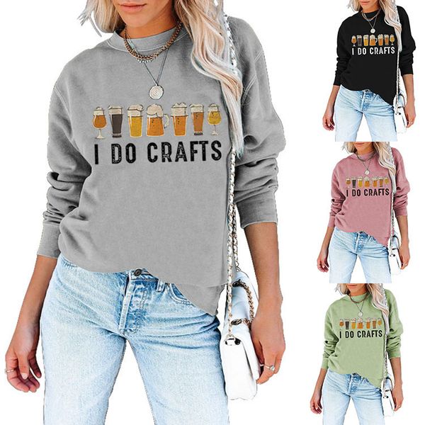 

women sweatshirts round neck pullover letter and beer simple t-shirt loose autumn winter sweatshirt for lady fashion casual hoodies clothes, Black