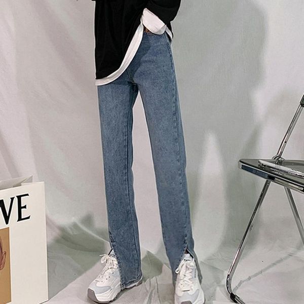 

high-waisted thin straight wide-leg split micro-flared pants front jeans female spring women's, Blue