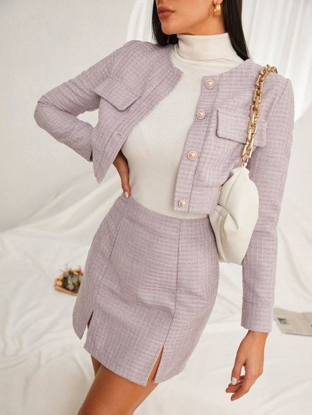 

plaid tweed crop jacket & split hem skirt 63zz#, White